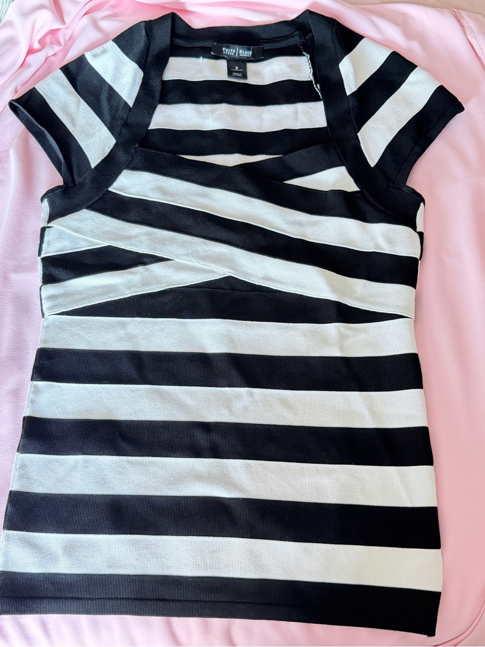 Bandage White & Black Striped Cap-Sleeve Knit Top